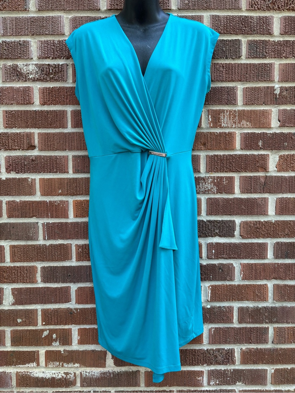 MICHAEL Michael KORS Womens Sz M Faux Wrap Stretch Ruched V-Neck Aqua dress